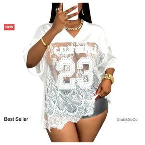 Sheer Lace Jersey Shirt Y2K Graphic Tee V Neck Half Sleeve Streetwear Top